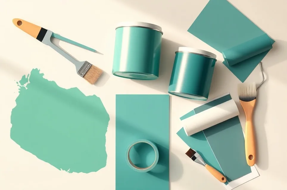Pots de peinture, nuancier, brosses et rouleaux disposés à plat