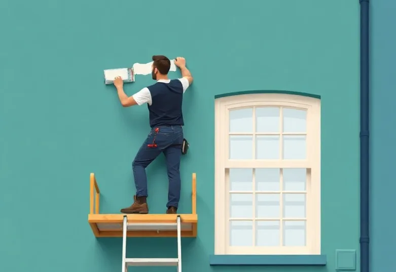 Peintre sur échafaudage traitant la façade d'une maison
